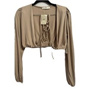 Wild Love Women’s Beige Wraparound Top Cropped Long Sleeve Stretch Medium NWT